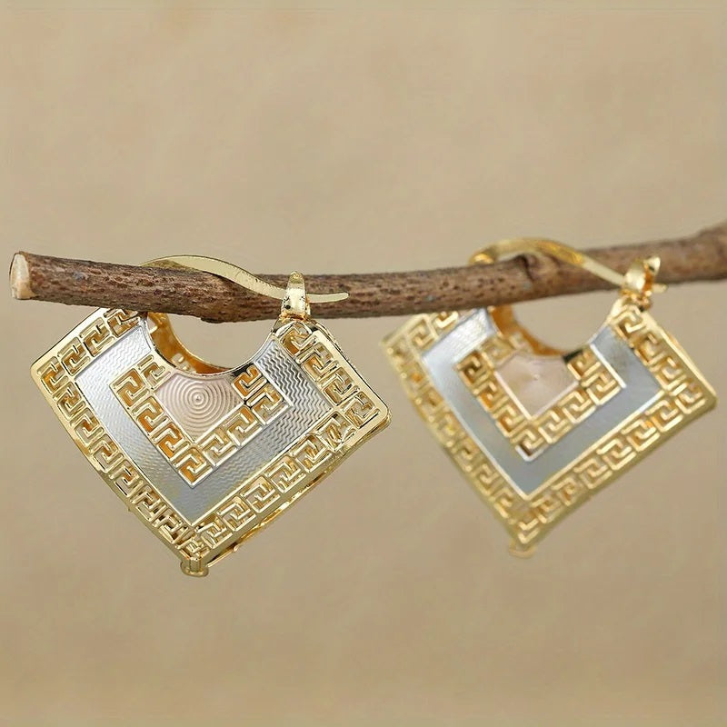 Ladies Gold Plated Two Tone Hollow Cutout Layer Hoop Earrings