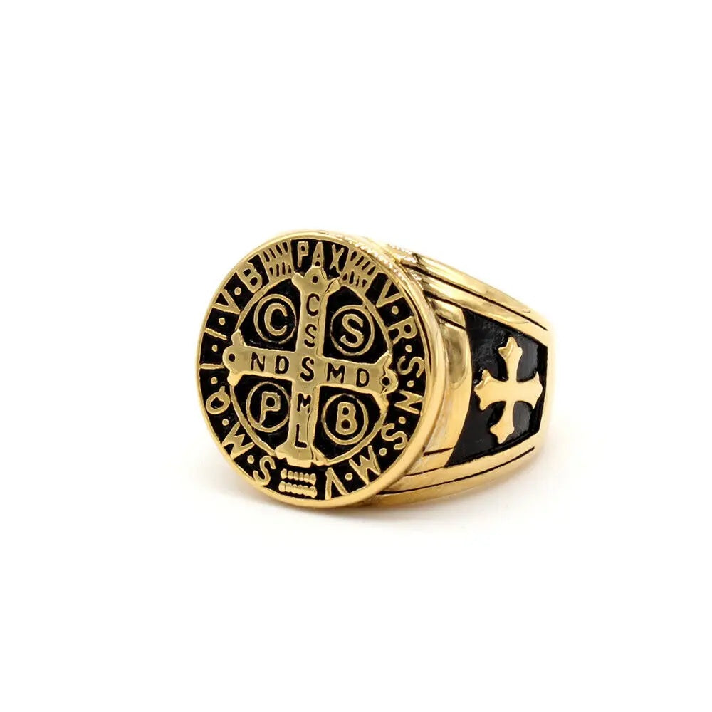 Mens Gold Plated Cross Faith Stainless Steel Protection Chunky Signet Gents Ring
