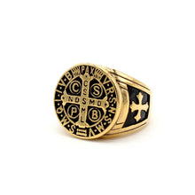 Load image into Gallery viewer, Mens Gold Plated Cross Faith Stainless Steel Protection Chunky Signet Gents Ring
