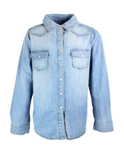 Load image into Gallery viewer, Girls Sophie Blue Mid Wash Denim Button Down Long Sleeve Top
