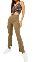 Load image into Gallery viewer, Ladies Olive High Waist Side Slit Hem Stretch Full Length Trousers
