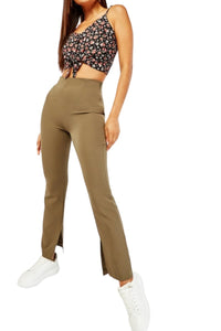 Ladies Olive High Waist Side Slit Hem Stretch Full Length Trousers