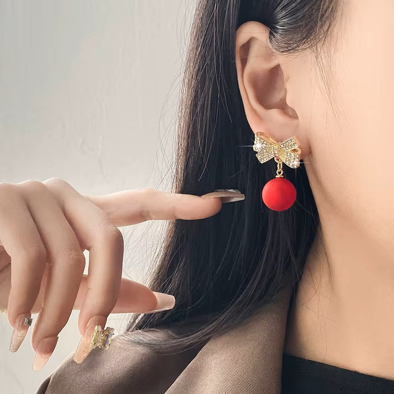Ladies Stunning Red Ball Bow Knot Crystal Drop Womens Stud Hook Earrings