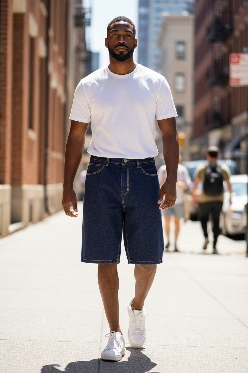 Mens Navy Blue Denim Stretch Cotton Contrast Stitching Detail Summer Shorts 34"