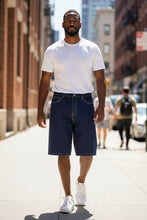 Load image into Gallery viewer, Mens Navy Blue Denim Stretch Cotton Contrast Stitching Detail Summer Shorts 34"
