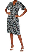 Ladies Black Multi Lapel Collared Print Belt Midi Dress