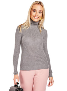 Ladies Grey Ribbed Roll High Neck Turtleneck Jumper