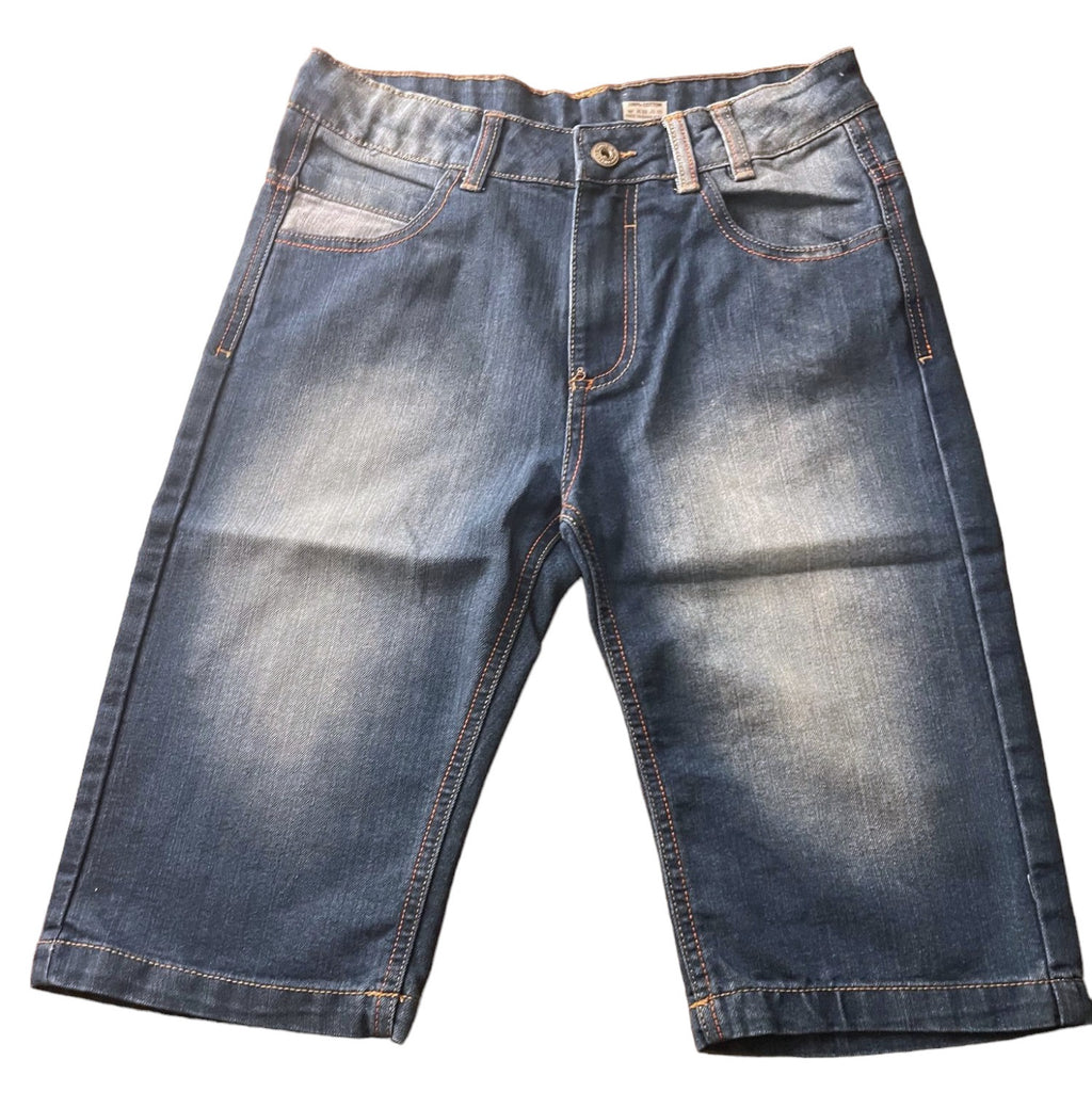 Boys Blue Contrast Threading Stone Washed Whisker 3/4 Denim Shorts