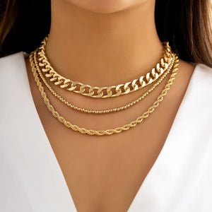 Ladies Gold Plated Triple Chunky Cuban Link Bead Rope Chain Sets
