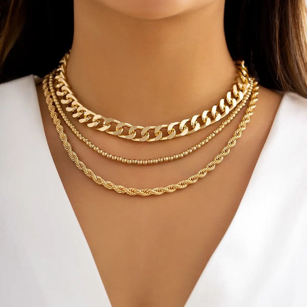Ladies Gold Plated Triple Chunky Cuban Link Bead Rope Chain Sets