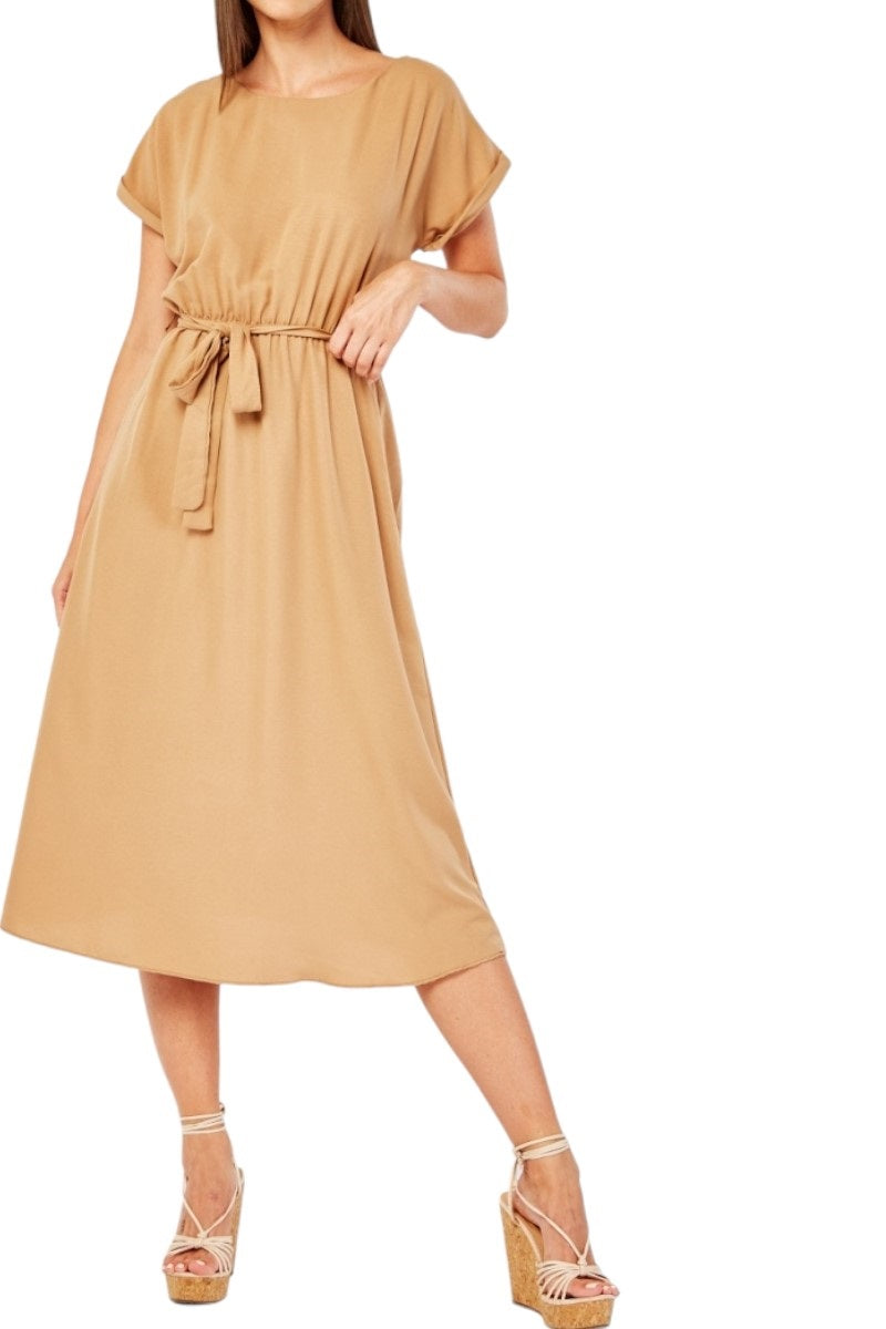 Ladies Beige Elasticated Waist Rolled Short Sleeve Belted Dress