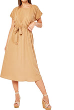Load image into Gallery viewer, Ladies Beige Elasticated Waist Rolled Short Sleeve Belted Dress

