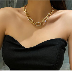 Ladies Gold Silver Thick Rectangular Link Chain Crystal Choker Necklace
