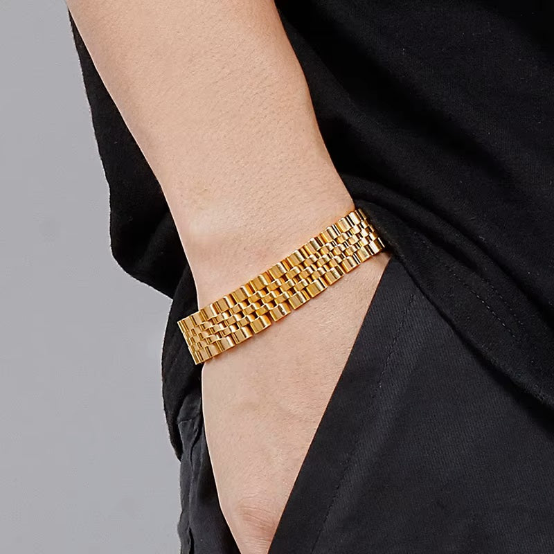 Mens Womens Gold Plated Stainless Steel Wide Strap Chunky Link Chain Bracelet