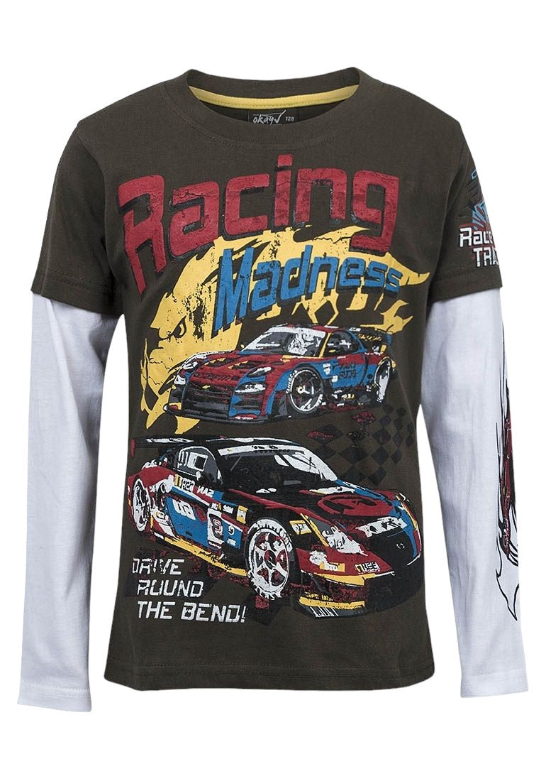 Boys Dark Olive Racing Print Layer Long Sleeve Cotton T-Shirt