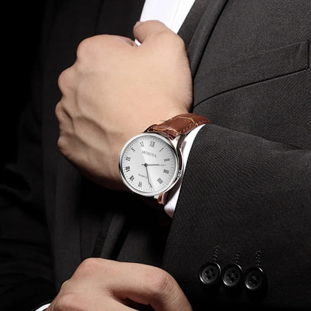 Mens Luxury Leather Strap Quartz Analog Stainless Steel Pin Buckle Wrist Watch (A)