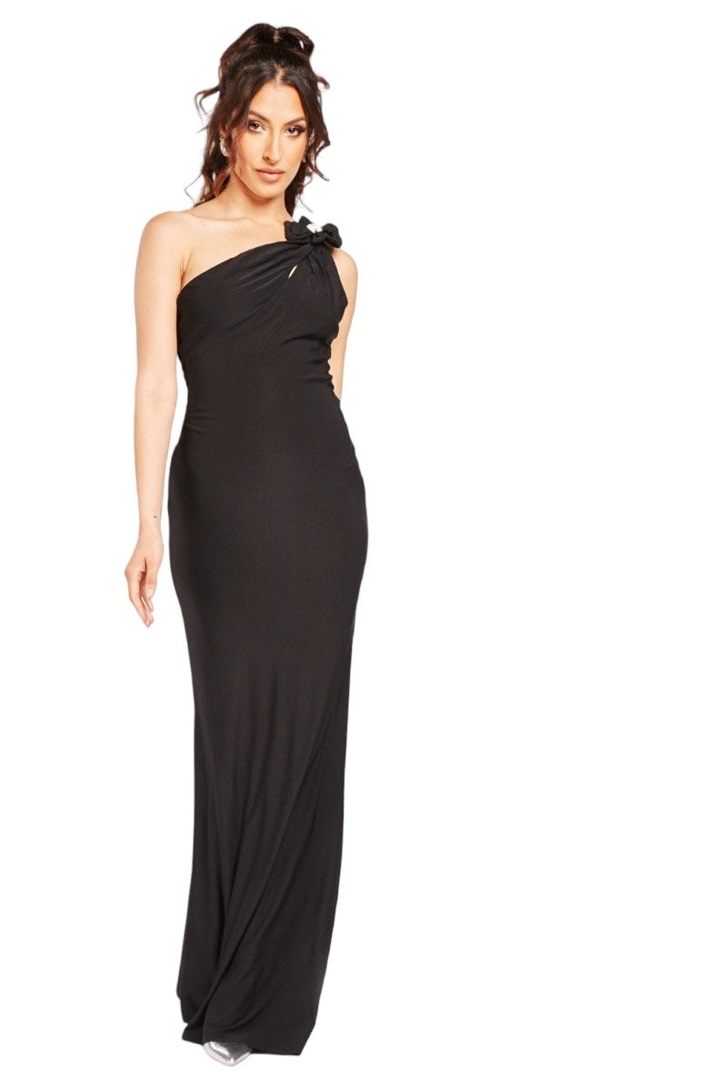 Ladies Black Bow Encrusted One Shoulder Maxi Evening  Dress
