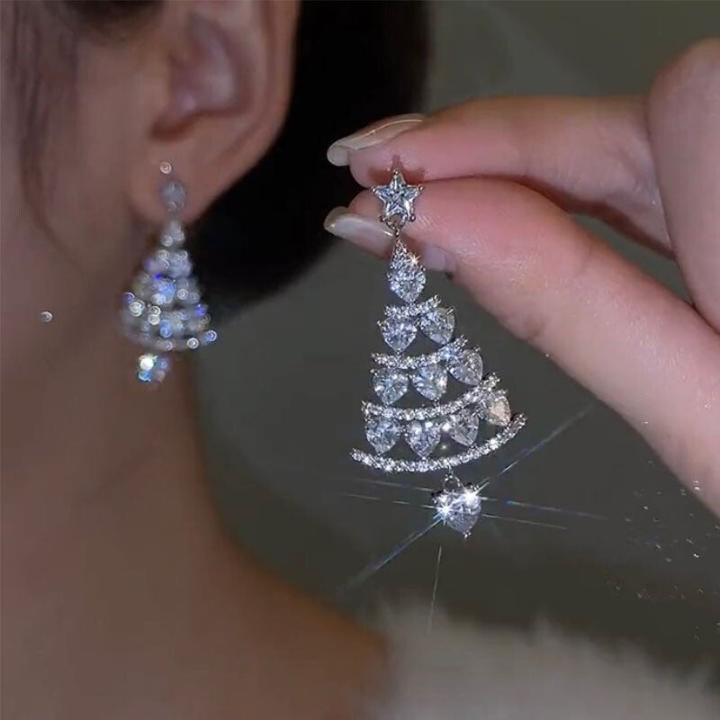 Ladies Silver Shiny Rhinestone Hollow Christmas Tree Festive Dangle Earrings
