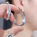 Ladies Silver Oval Chunky Mesh Layered Inner Crystals Hoop Earrings
