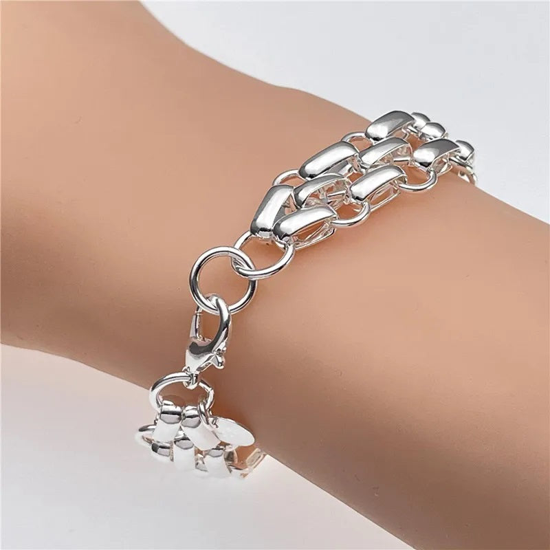 Ladies 925 Sterling Silver Interlocking Circle Thick Handchain Womens Bracelet