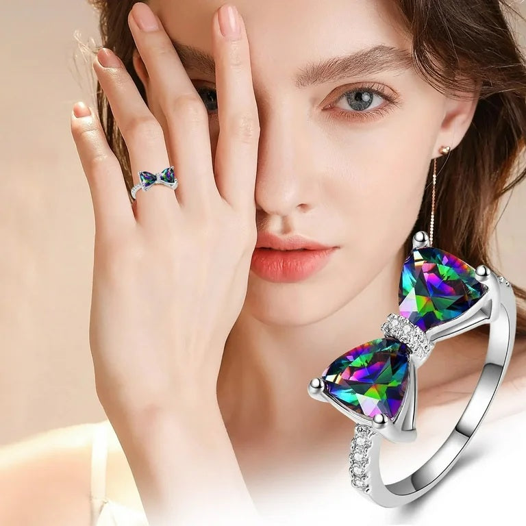 Ladies Sterling Silver Plated Sparkling Multi Color Diamond Cut Crystal Bow Ring