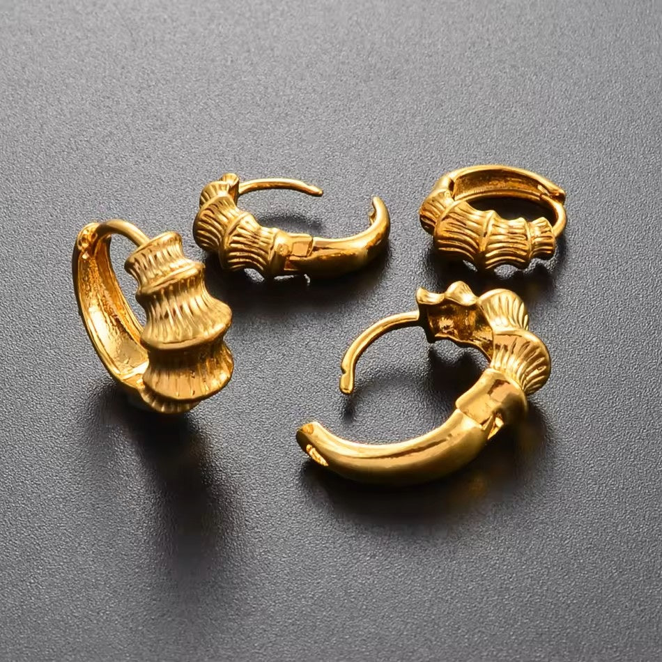 Ladies Girls Small Thick Mid Stripe Bamboo Joint Gold Plated Earrings