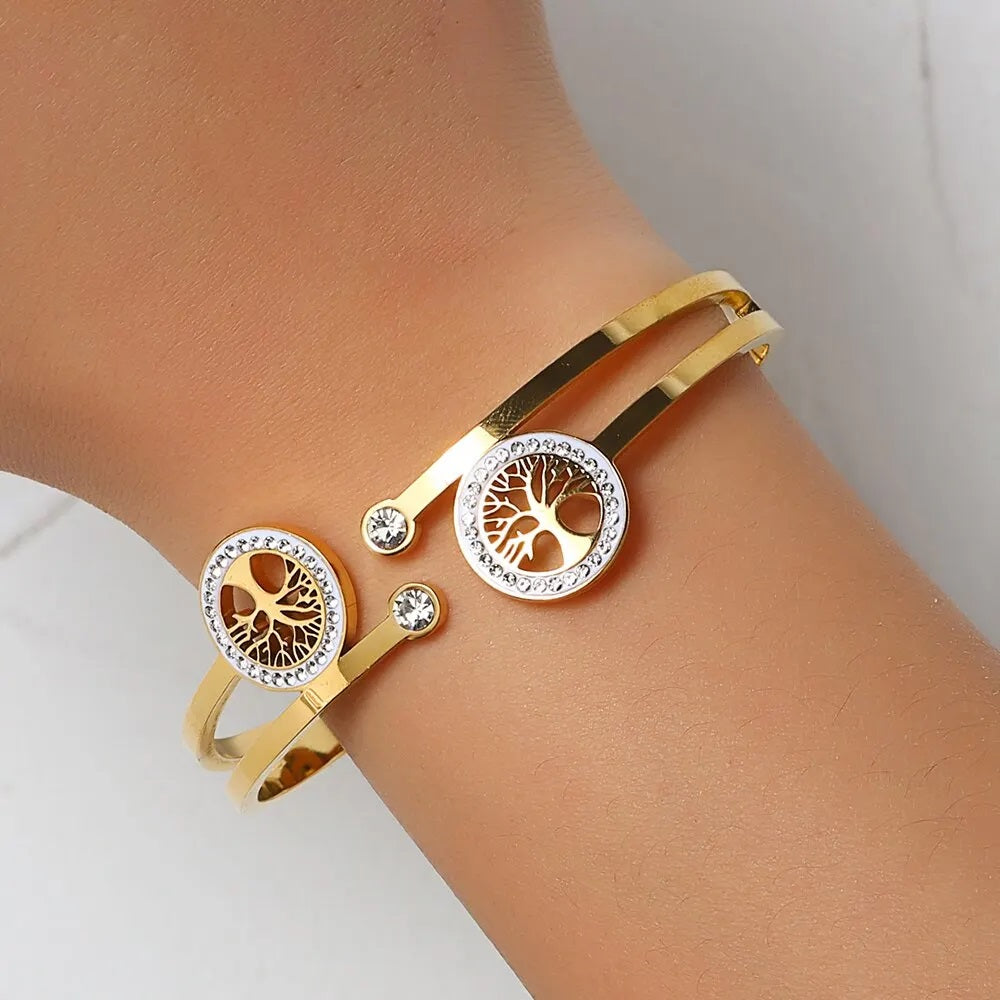 Ladies Gold Luxury Stainless Steel Tree of Life Cubic Zircon Lucky Cuff Bracelet