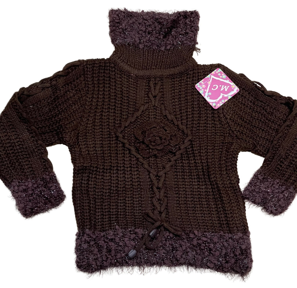 Girls Brown Cable Knit Beaded Ribbed Roll Up Frills Metallic Hem Jumpers