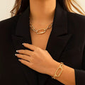Ladies Gold Plated Rectangle Cuban Link Chain Chunky Necklace & Bracelet Sets