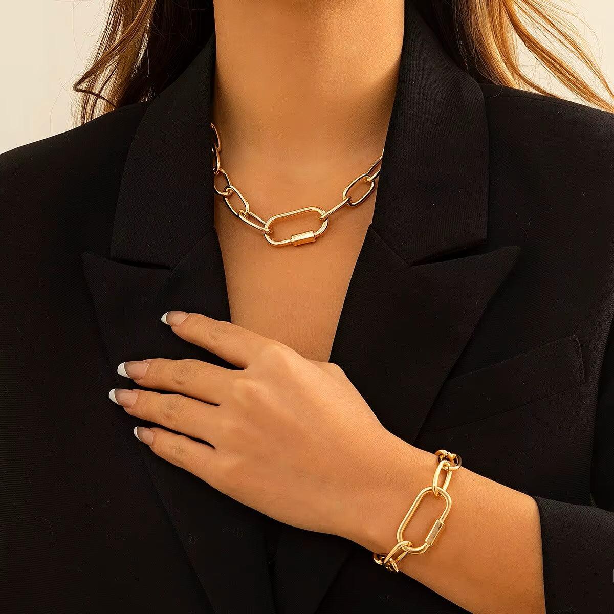 Ladies Gold Plated Rectangle Cuban Link Chain Chunky Necklace & Bracelet Sets