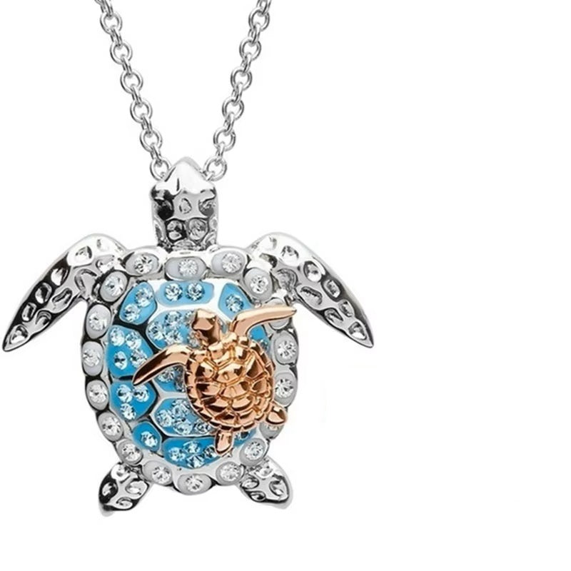 Ladies Silver Mother Gold Baby Sea Turtle Crystal Pendant Chain Necklace