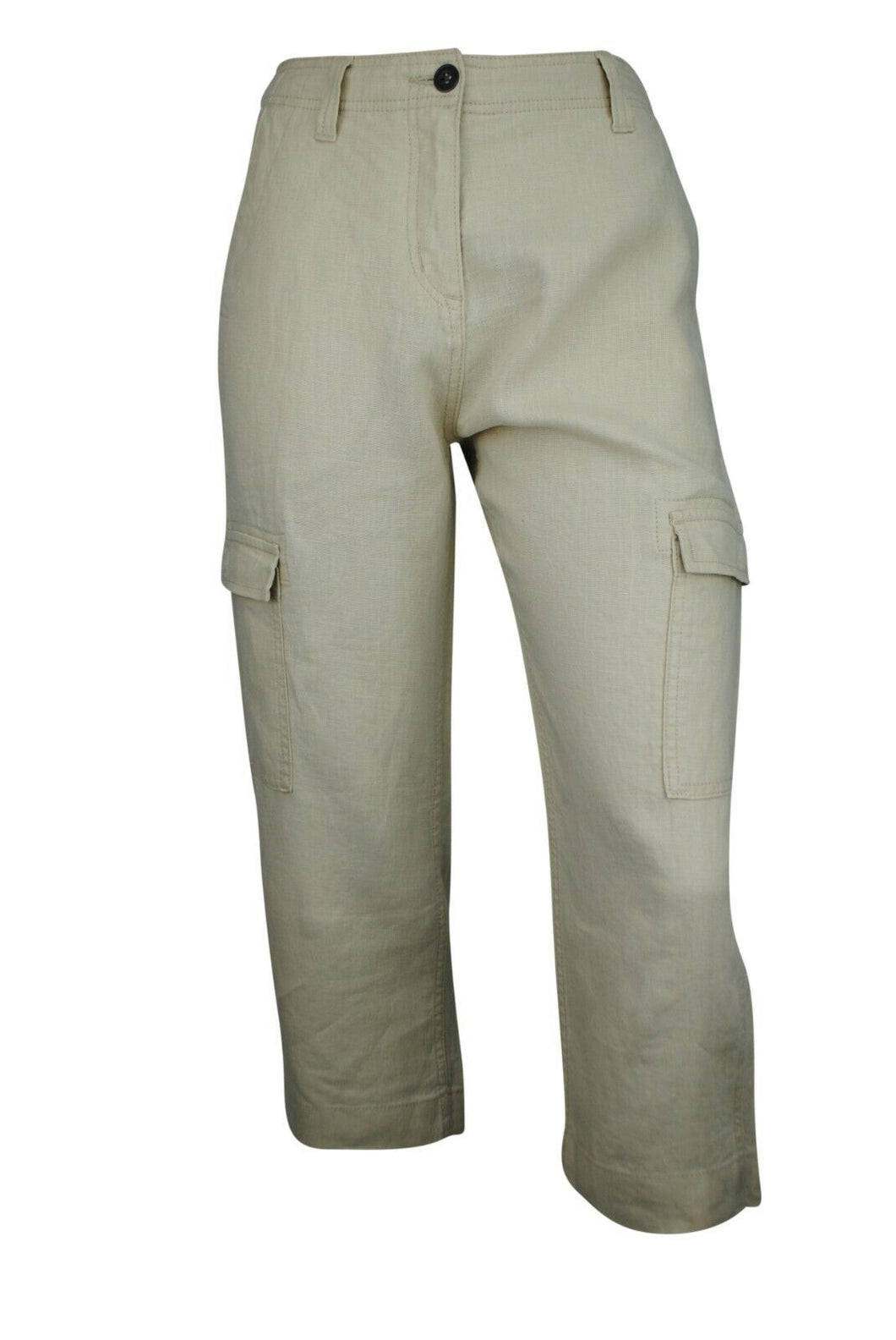 Ladies Beige Linen Cargo Carpri Crop Adjustable Waist Trousers