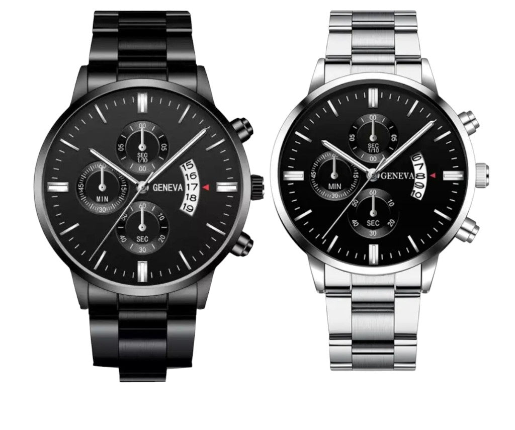Mens Geneva Black Silver Stainless Steel Quartz Dial Analog Calendar Wrist Watch