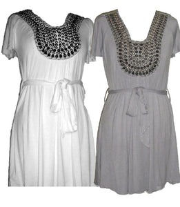 Ladies Ivory Grey Flat Stud Neckline Short Sleeve Belted Tops