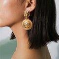 Lion Head Gold Plated Round Medusa Medallion Coin Earrings