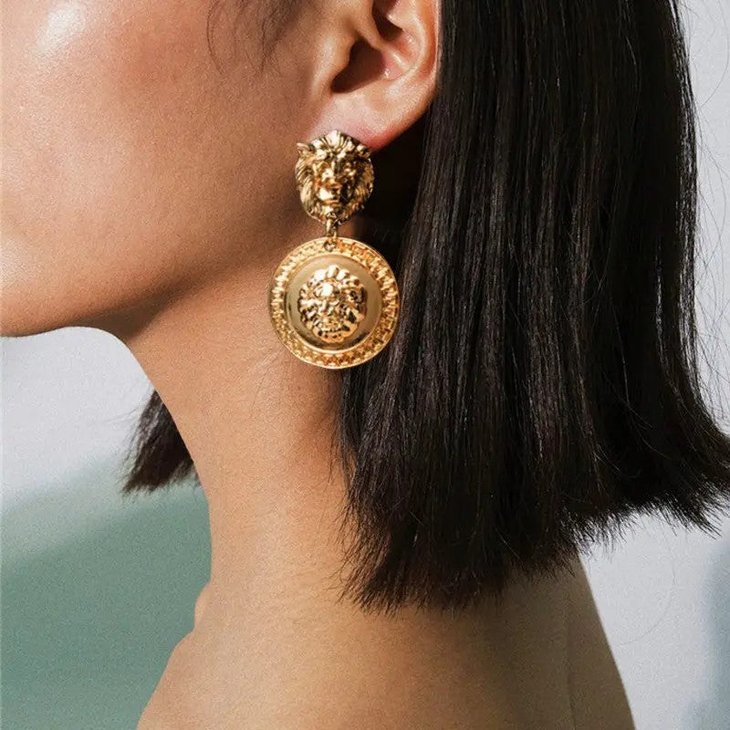 Lion Head Gold Plated Round Medusa Medallion Coin Earrings