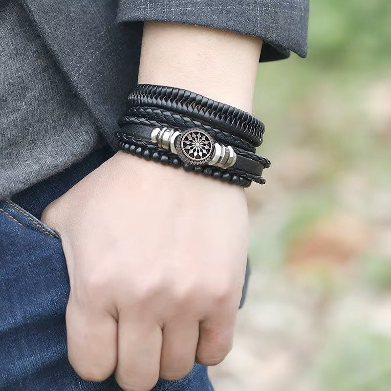 Mens Black 4Pcs Set Braided Bead Wrap Adjustable Leather Bracelets