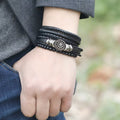 Mens Black 4Pcs Set Braided Bead Wrap Adjustable Leather Bracelets