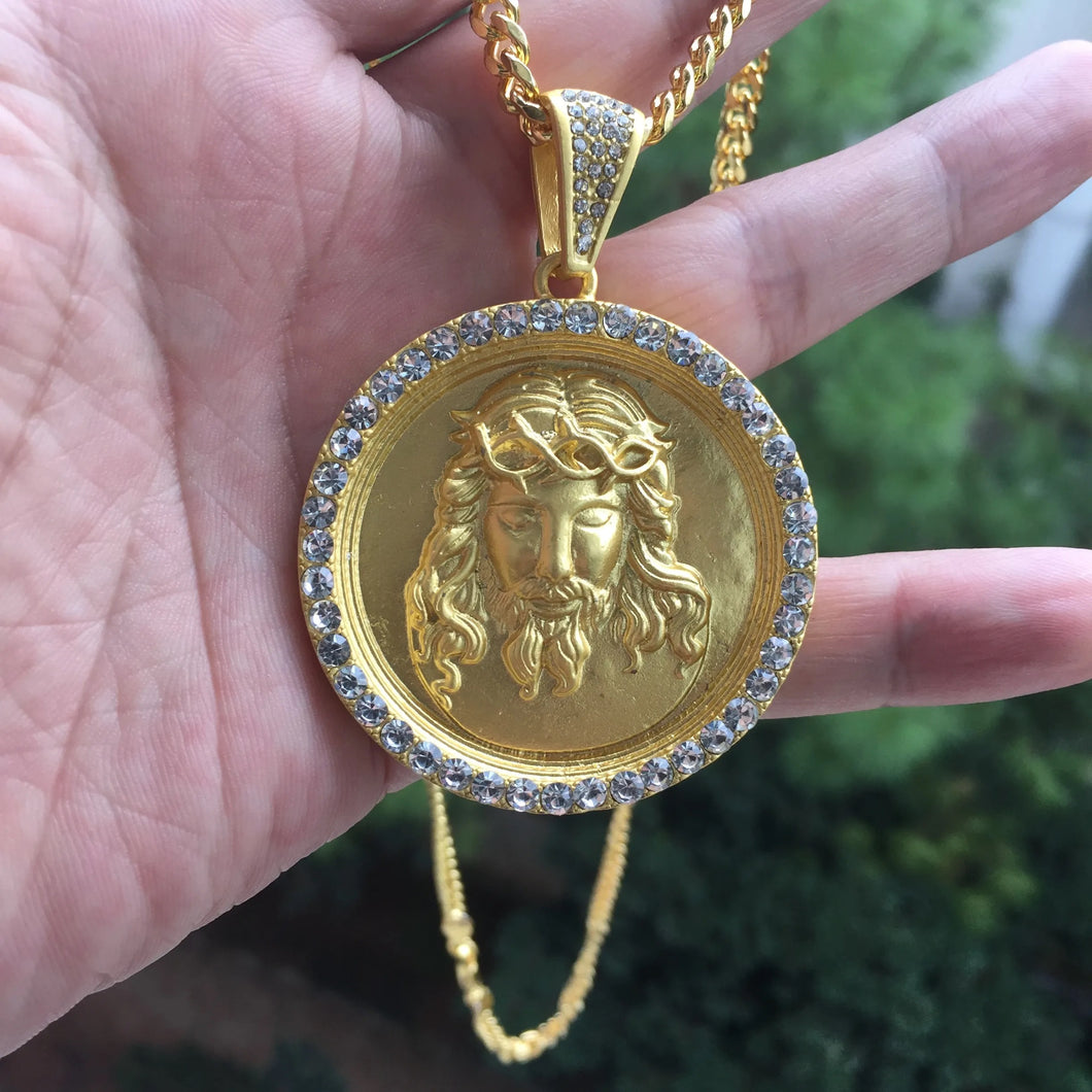 Mens Big 18K Gold Plated Round Crystals Jesus Head Pendant Necklace