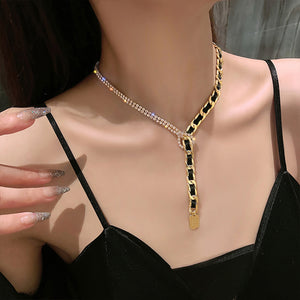 Ladies Gold InterLink Black inlay Chain Crystal Drop Good Luck Pendant Necklace