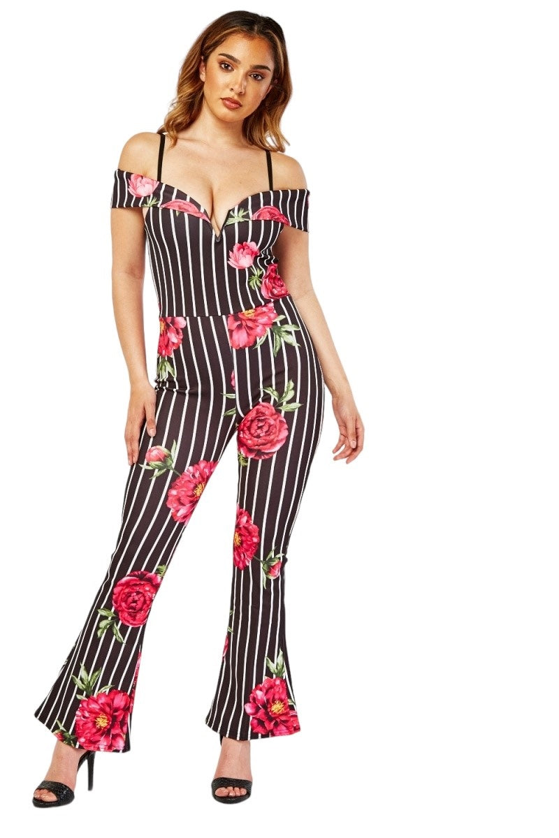 Ladies Black Multi Bold Floral Stripe Cold Adjustable Shoulder Jumpsuits