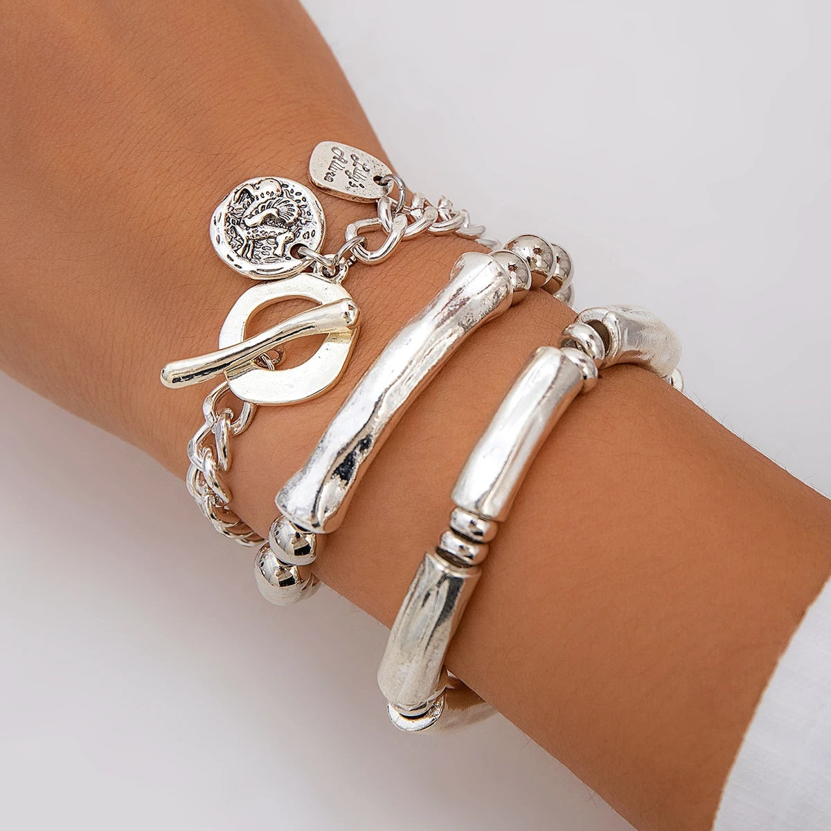 Ladies Silver Plated Chunky Round Charm 3 Set Stackable Handchan Bracelet
