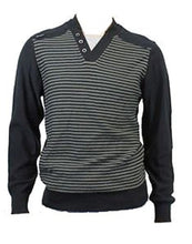 Load image into Gallery viewer, Mens Black &amp; Grey Twin Effect Shoulder Patch V Neck Striped Knitted Jumper
