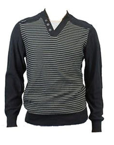 Mens Black & Grey Twin Effect Shoulder Patch V Neck Striped Knitted Jumper