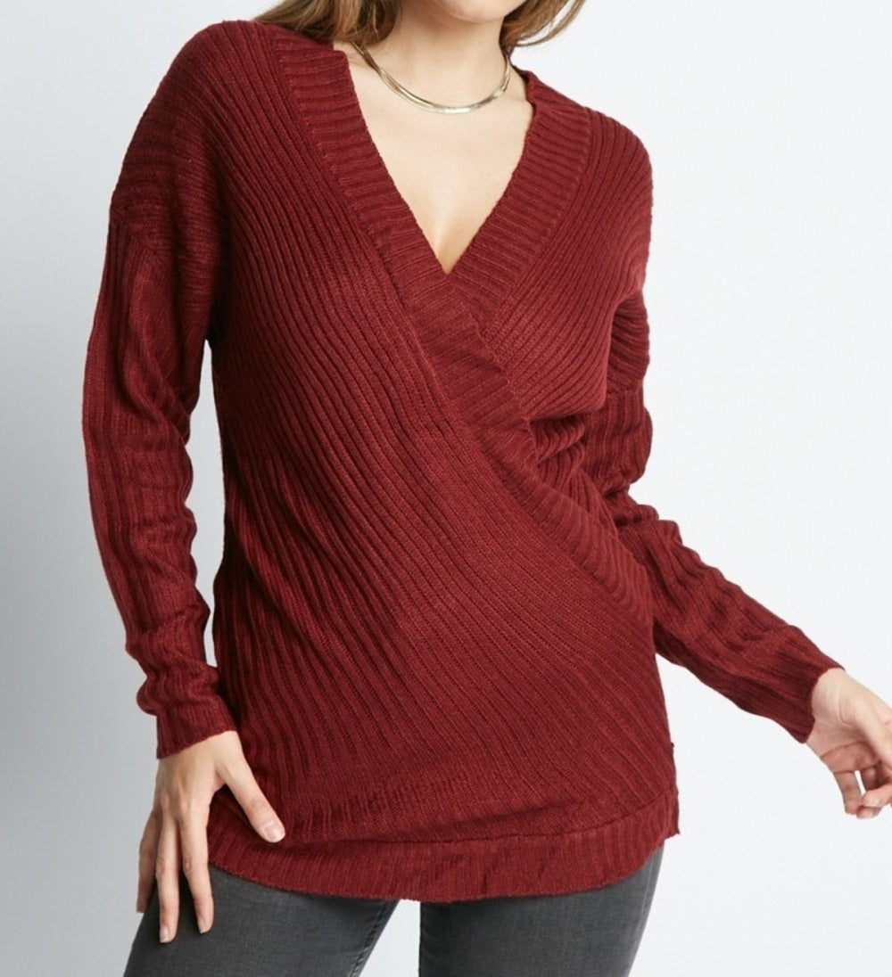 Ladies Maroon Wrap V-Neck Ribbed Long Sleeve Pullover Womens Sweater Jumper