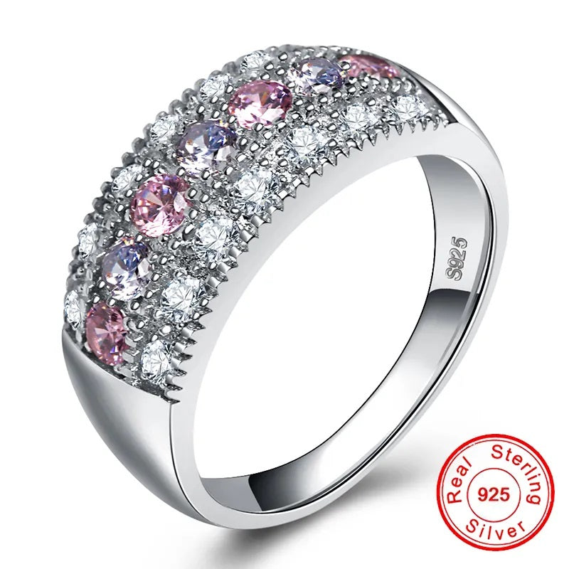 Ladies 925 Sterling Silver 3 Rows Pink & White AAA Zircon Crystals Rings