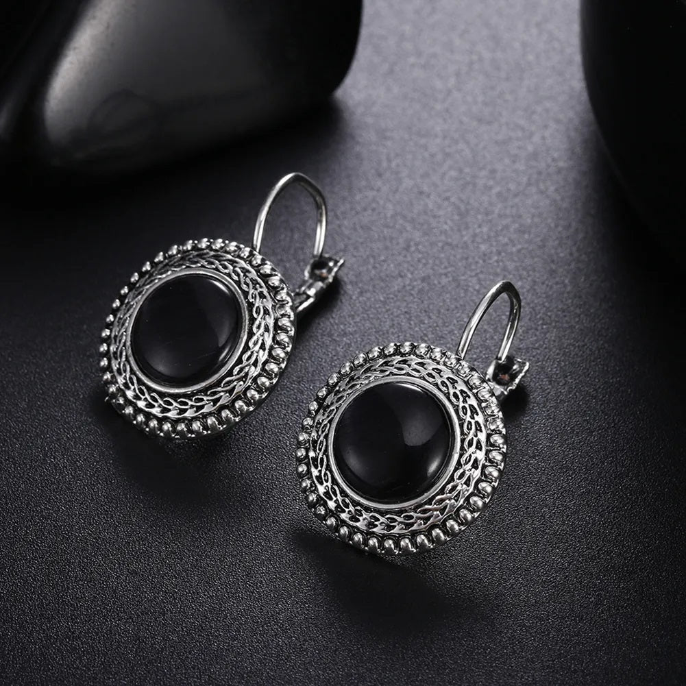 Ladies Tibetan Silver Plated Black Stone Bohemian Carved Vintage Hook Earrings