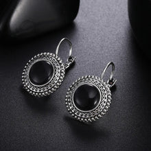 Load image into Gallery viewer, Ladies Tibetan Silver Plated Black Stone Bohemian Carved Vintage Hook Earrings
