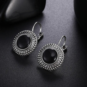 Ladies Tibetan Silver Plated Black Stone Bohemian Carved Vintage Hook Earrings