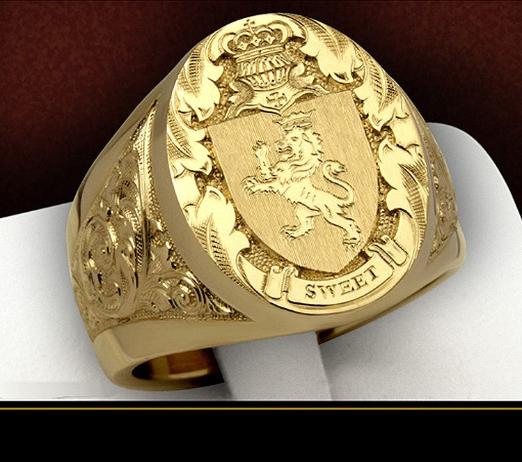 Mens 18K Gold Filled Lion Shield Badge Coat Of Arms Signet Rings